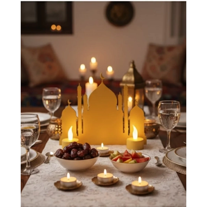 VipMarketim 3D İki Mumlu Cami Dekor 2 Pilli LED Mum Hediyeli Masa Üstü Süs