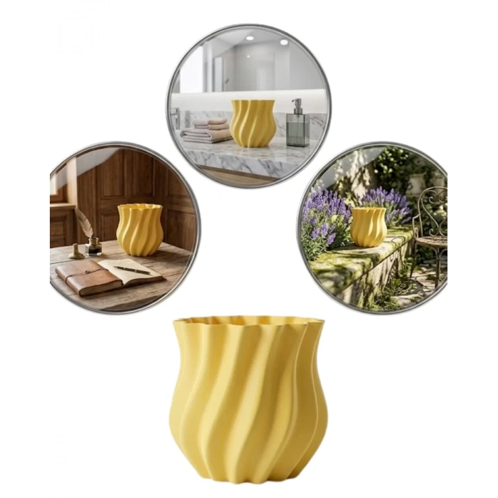 VipMarketim 3D Kıvrımlı Sarı Vazo Modern Dekoratif Ev Aksesuarı Şık Tasarım