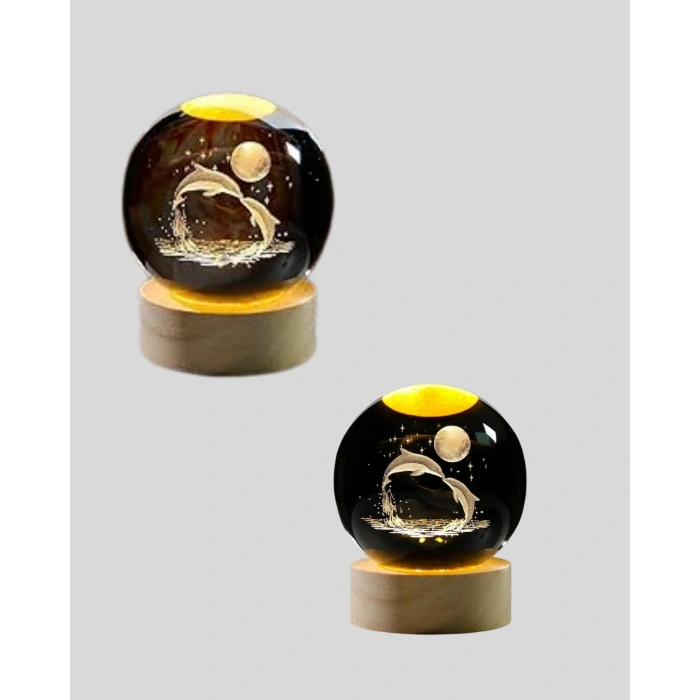 VipMarketim 3D Yunus Desenli Kristal Küre Ahşap Tabanlı Işıklı Dekor Objesi