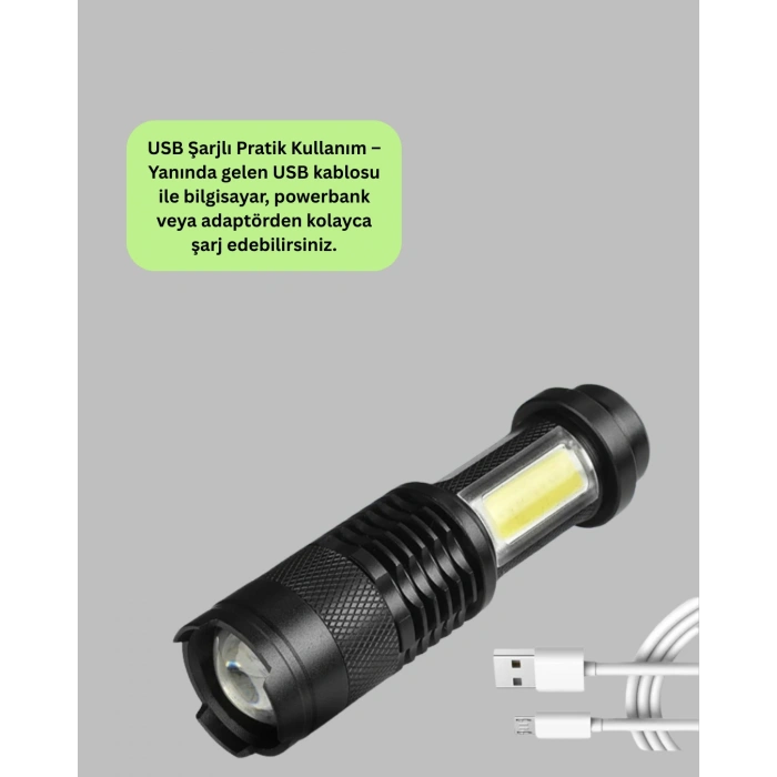 VipMarketim 4 Modlu USB Şarjlı LED El Feneri Kamp ve Outdoor