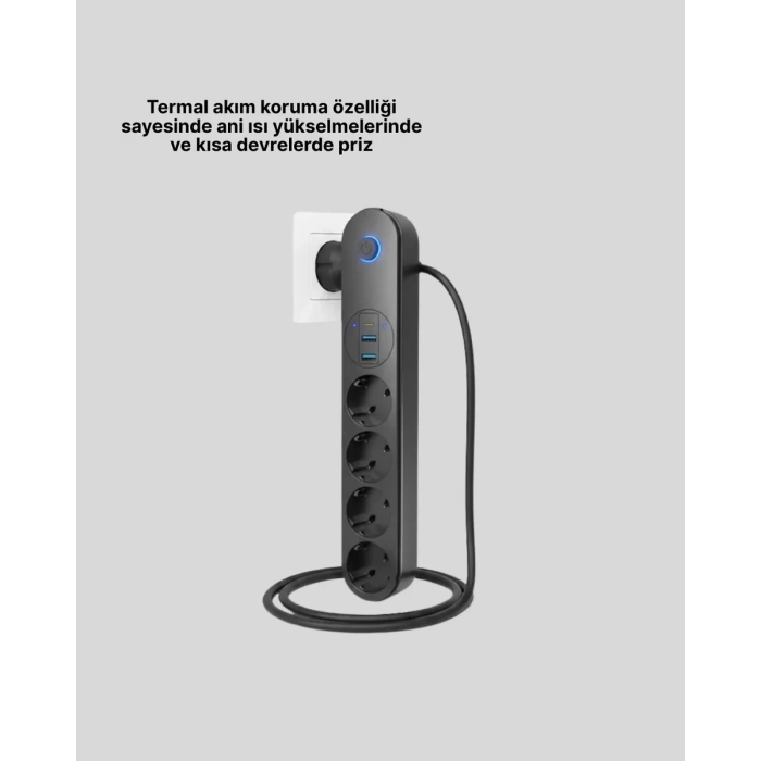 VipMarketim 4 Priz 2 USB 1 Type-C Akım Korumalı Çoklu Priz Led Anahtarlı
