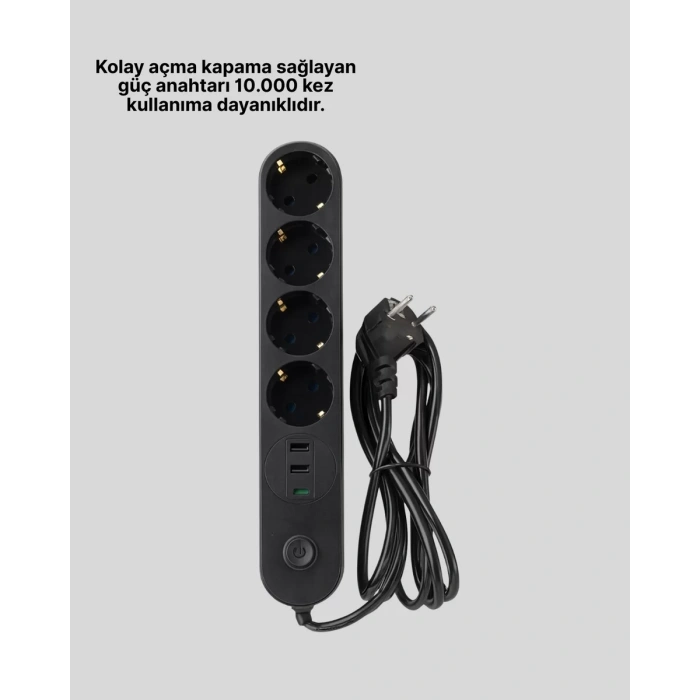 VipMarketim 4 Priz 2 USB 1 Type-C Akım Korumalı Çoklu Priz Led Anahtarlı