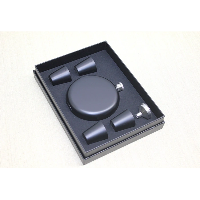 VipMarketim 4 Shot Bardaklı Matara Seti Yuvarlak Siyah