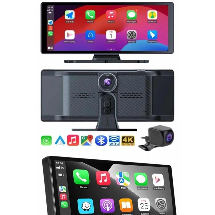 VipMarketim 4K 10.2 İnç Çift Kameralı Araç Multimedya Ekranı CarPlay Kablosuz Tüm Cihazlara Uyumlu