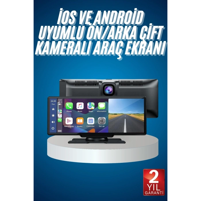 VipMarketim 4K Ultra Araç İçi Ön ve Arka Kameralı Ekran HD 2 Kameralı Torpido Üstü Araç Multimedya