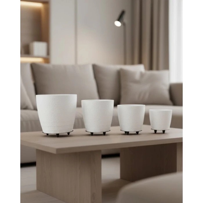 VipMarketim 4’lü 3D Beyaz Ayaklı Saksı Seti Modern Minimal Dekoratif Vazo