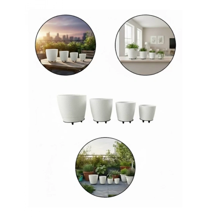 VipMarketim 4’lü 3D Beyaz Minimal Dekoratif Vazo Ayaklı Saksı Takımı