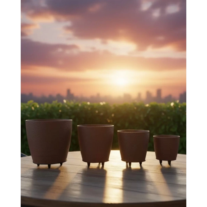 VipMarketim 4’lü 3D Kahverengi Ayaklı Dekoratif Saksı Takımı Modern Tasarım