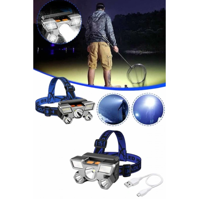 VipMarketim 5 LED Far Şarj Edilebilir Güçlü Kafa Lambası Kamp Lambası 4 Modlu (Kopya)