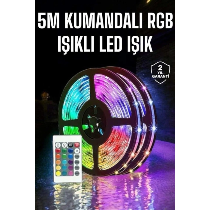 VipMarketim 5 Metre Şerit Led RGB Işıklı Kumandalı Güç Adaptörü Her Ortama Uygun