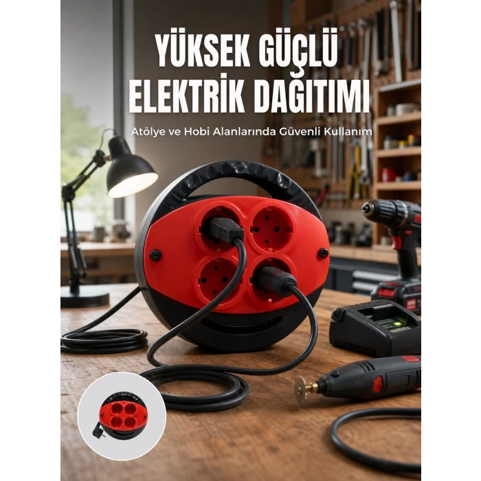 VipMarketim 5 Metre Uzatma Kablolu 4 Prizli Makara Kırmızı