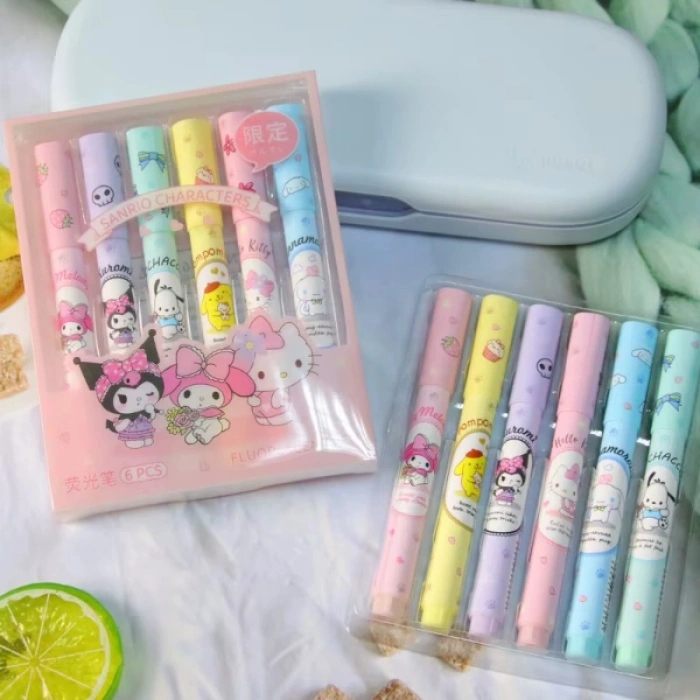 VipMarketim 6lı Fosforlu Kalem Seti - Sanrio Karakterleri, Kuromi, Hello Kitty