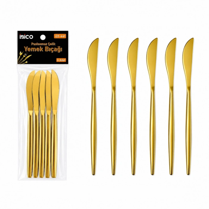 VipMarketim 6 Parça Yemek Bıçağı Seti - Parlak Altın Renk - 21 cm