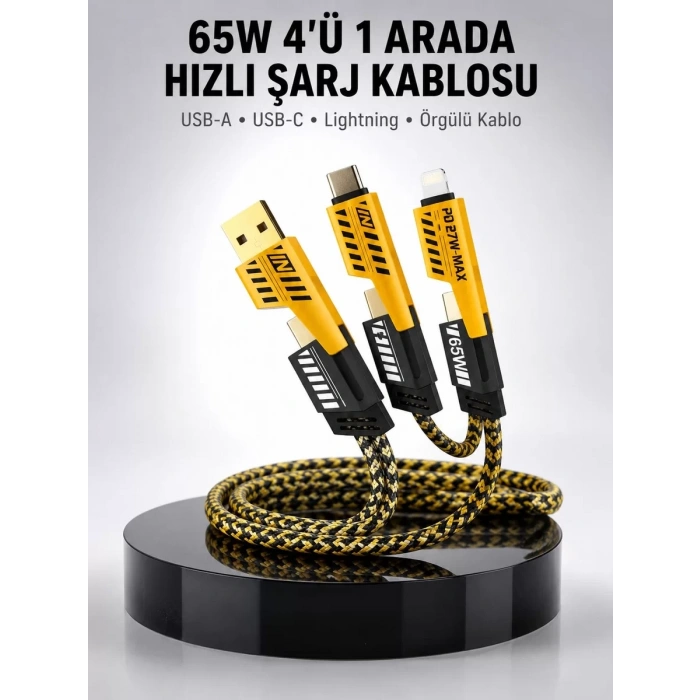 VipMarketim 65W 4ü 1 Arada Çoklu Şarj Kablosu – USB-C USB-A Lightning Veri ve Şarj Desteği Yeni Nesil