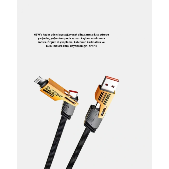 VipMarketim 65W 4’ü 1 Arada Örgülü Hızlı Şarj Kablosu USB-C USB-A Çoklu Şarj Dayanıklı