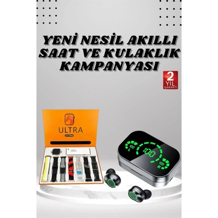 VipMarketim 7 Kordonlu Akıllı Saat Ve Aynalı Bluetooth Kulaklık Powerbank Dijital Göstergeli