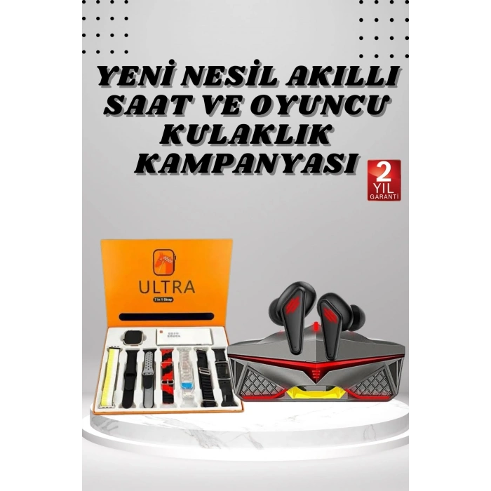 VipMarketim 7 Kordonlu Akıllı Saat Ve Oyuncu Kulaklığı Bluetooth Bağlantılı Android ve İOS Uyumlu