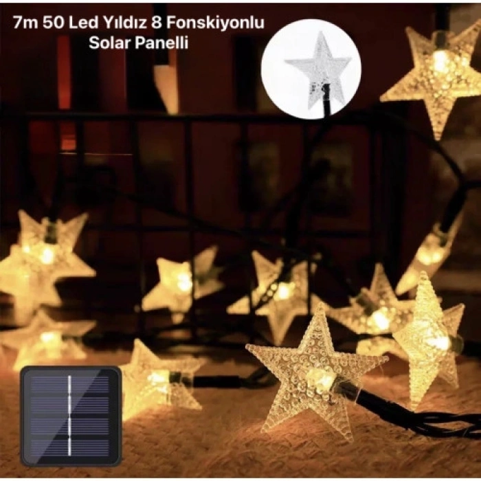 VipMarketim 7m 50 Led Yıldız 8 Fonksiyonlu Solar Panelli-Gün Işığı