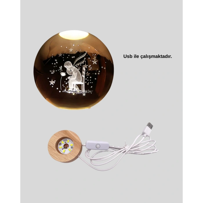 VipMarketim 8 cm Küçük Prens Cam Küre USB Işıklı Ahşap Tabanlı Dekor