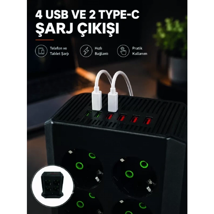 VipMarketim 8li Dikey Çoklu Priz 4 USB 2 Type-C Akım Korumalı Anahtarlı Priz