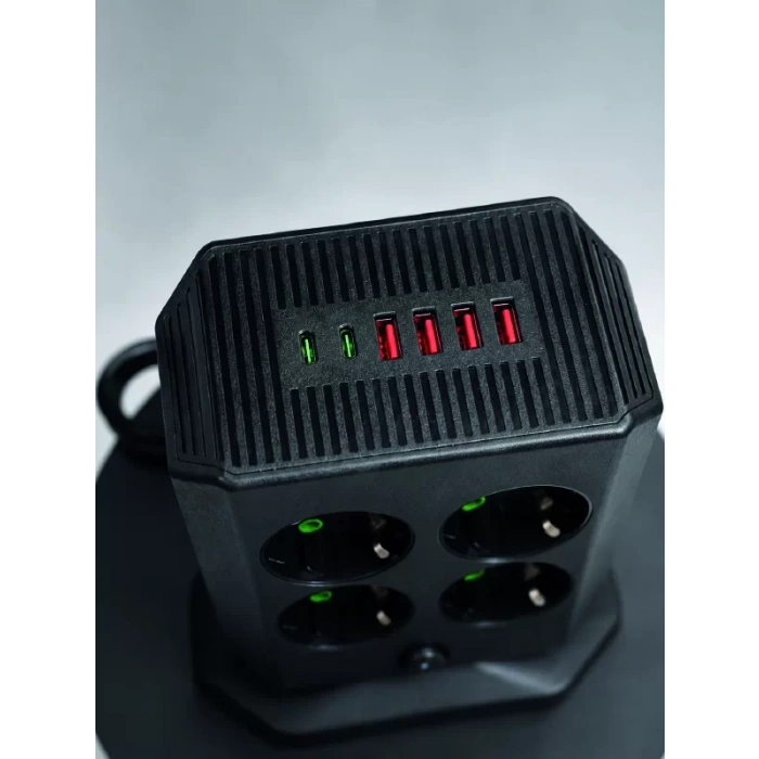 VipMarketim 8li Dikey Çoklu Priz 4 USB 2 Type-C Akım Korumalı Anahtarlı Priz