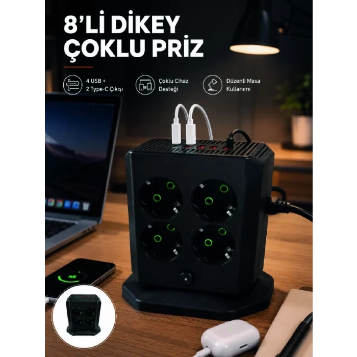 VipMarketim 8li Dikey Çoklu Priz 4 USB 2 Type-C Girişli Akım Korumalı Uzatma Prizi