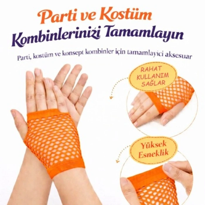 VipMarketim 80’ler 90’lar Retro Neon Turuncu File Parmaksız Kısa Eldiven 11 cm