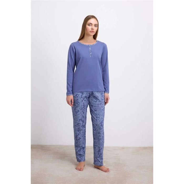 VipMarketim  %95 Pamuklu Uzun Kollu T-shirt Ve Desenli Pantolon Pijama Takımı
