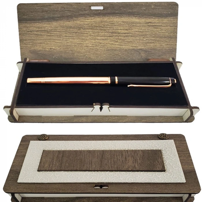 VipMarketim Ahşap Deri Kutulu Bakır Rengi Roller Kalem