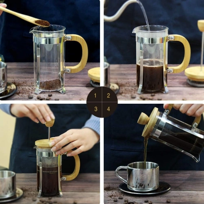 VipMarketim Ahşap Detaylı 600 ml Cam French Press