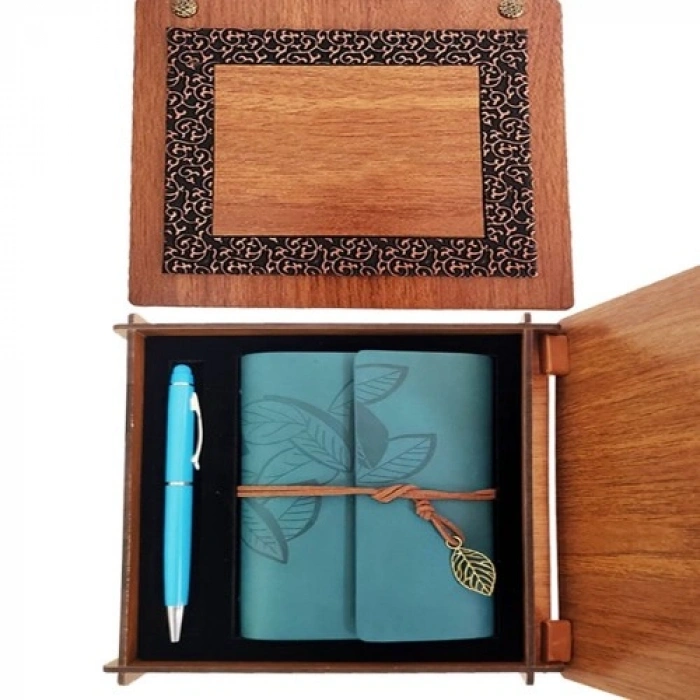 VipMarketim Ahşap Kutulu Mavi Deri Defter Kalem Seti