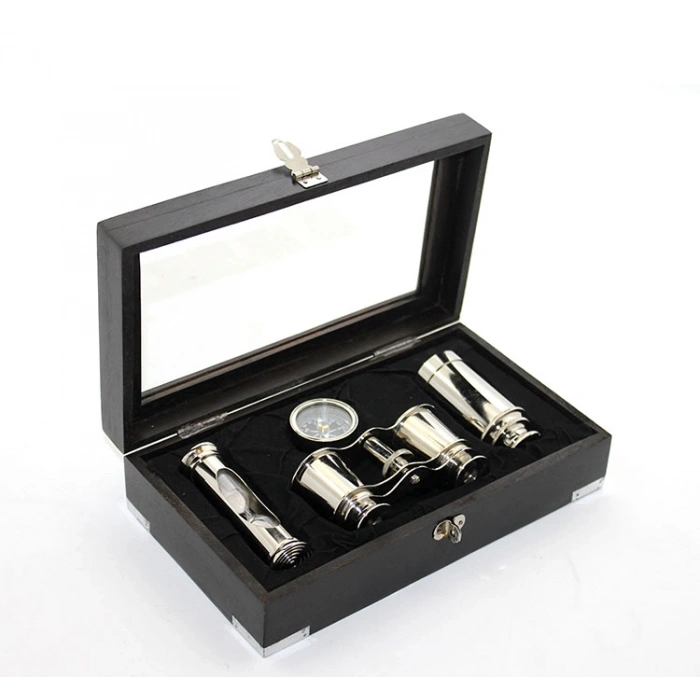 VipMarketim Ahşap Kutulu Pirinç Dürbün Pusula Ve Kum Saati Seti