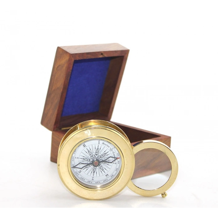 VipMarketim Ahşap Kutulu Pirinç Mercekli Pusula Model 2