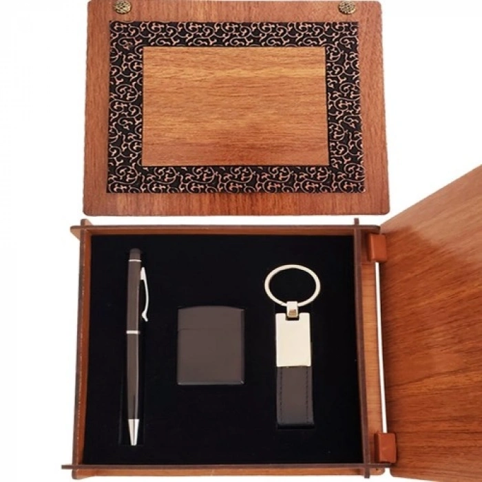 VipMarketim Ahşap Kutulu Siyah Kalem Anahtarlık ve Mat Çakmak