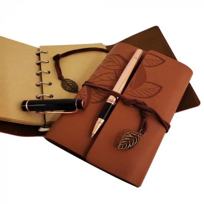 VipMarketim Ahşap Kutulu Taba Renk Deri Defter ve Kalem Set