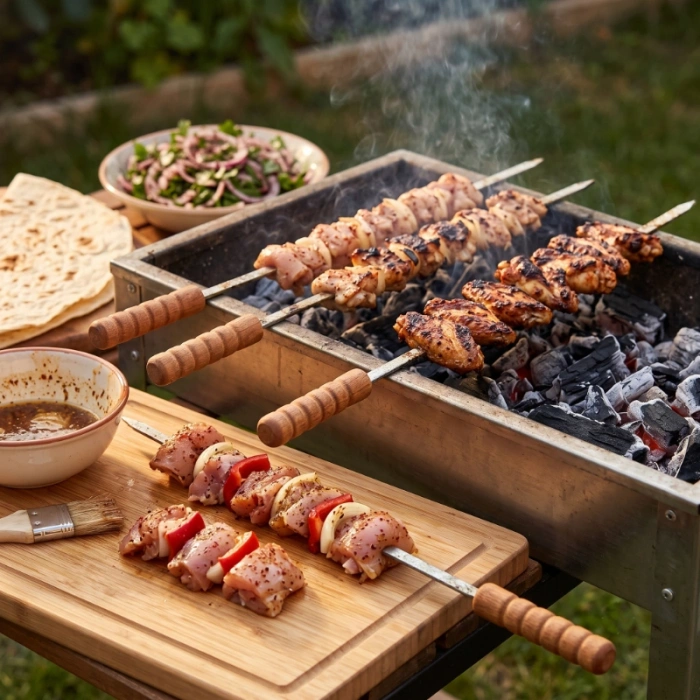 VipMarketim Ahşap Saplı Tavuk Şişi - Dar Yassı - Metal - 50 cm