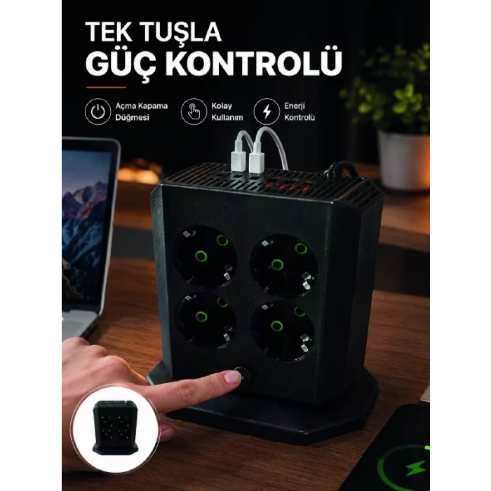 VipMarketim Akım Korumalı 8li Dikey Priz 4 USB 2 Type-C Hızlı Şarj Destekli Çoklu Priz