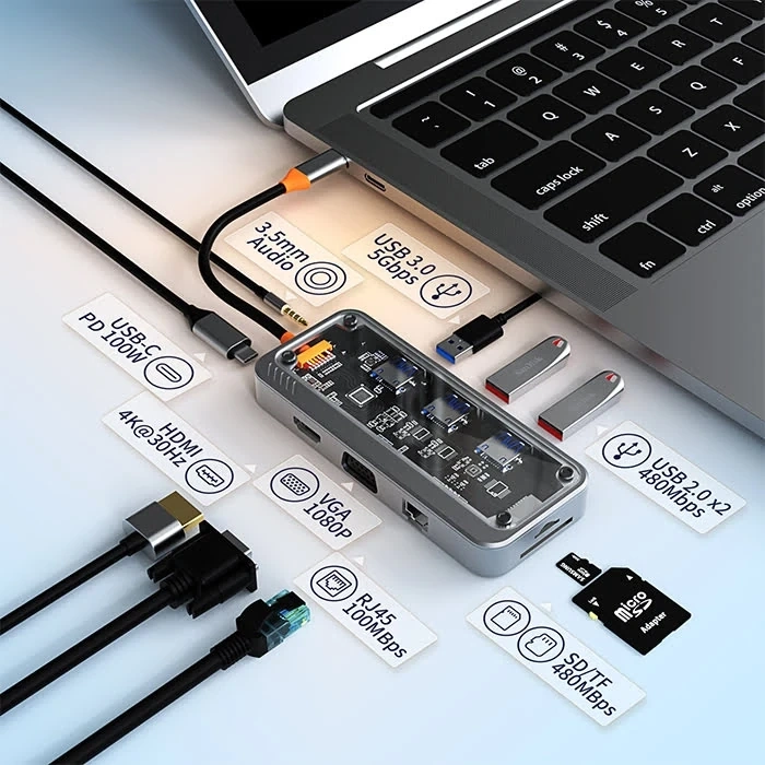 VipMarketim ALLY 10in1 Type-c To USB3.0 + USB2.0 *2 + Type-c PD + 3.5mm + HDMI + VGA + SD + TF + Ethernet Çoğalt-(5775)