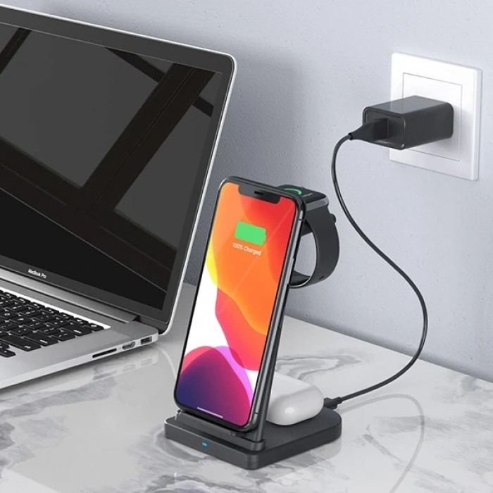 VipMarketim ALLY 15W 3in1 Şarj Standı Wireless Kablosuz Şarj iPhone+iWatch+AirPods YM-UD21-(5775)