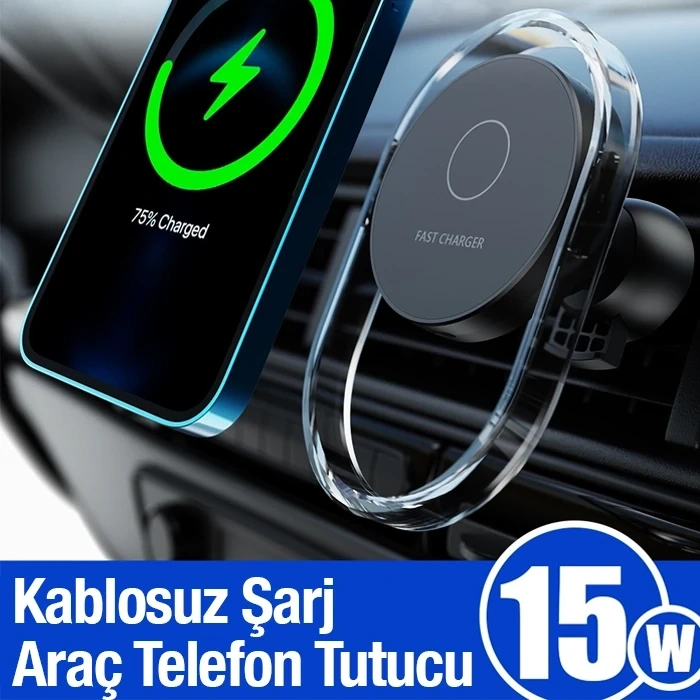 VipMarketim Ally 15W Klima Araç Havalandırma Bölmesi Manyetik Şeffaf Kablosuz Araç Şarj Telefon Tutucu-(5775)