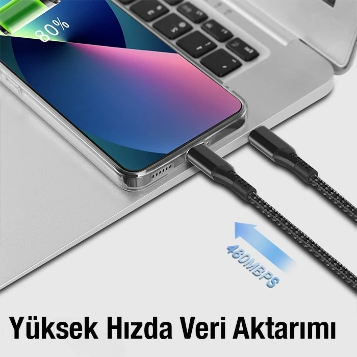 VipMarketim ALLY 1mt 27W Type-C To iPhone Lightning Süper Hızlı Data ve Şarj Kablosu Akım ve Isı Korumalı Halat-(5775)