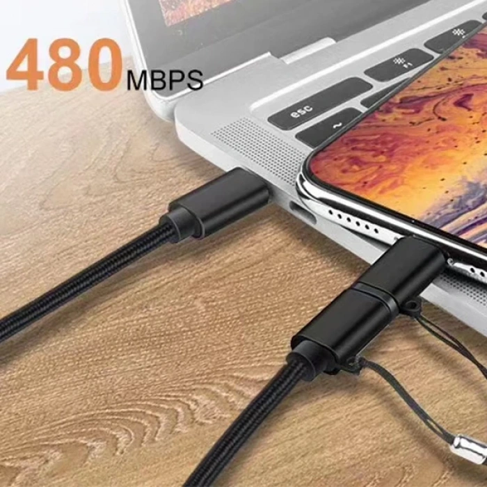 VipMarketim ALLY 2in1 USB Type C 60W Hızlı Şarj PD Kablosu+iPhone Başlık USB Kablo-(5775)