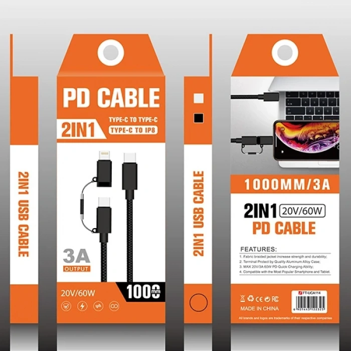 VipMarketim ALLY 2in1 USB Type C 60W Hızlı Şarj PD Kablosu+iPhone Başlık USB Kablo-(5775)