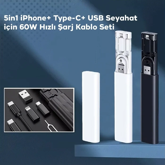 VipMarketim ALLY 5in1 iPhone+ Type-C+ USB Seyahat için 60W Hızlı Şarj Kablo Seti-(5775)