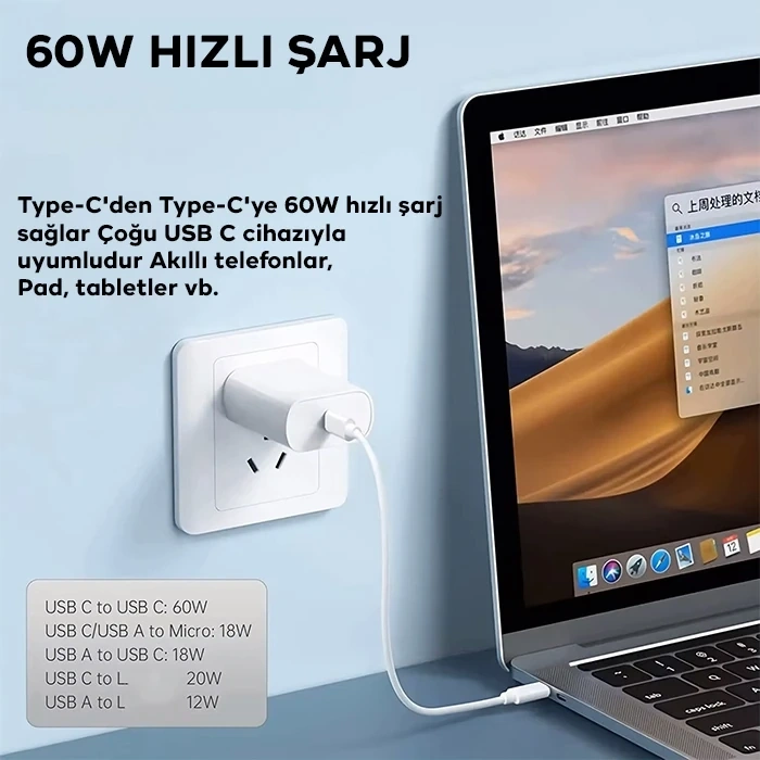 VipMarketim ALLY 5in1 iPhone+ Type-C+ USB Seyahat için 60W Hızlı Şarj Kablo Seti-(5775)