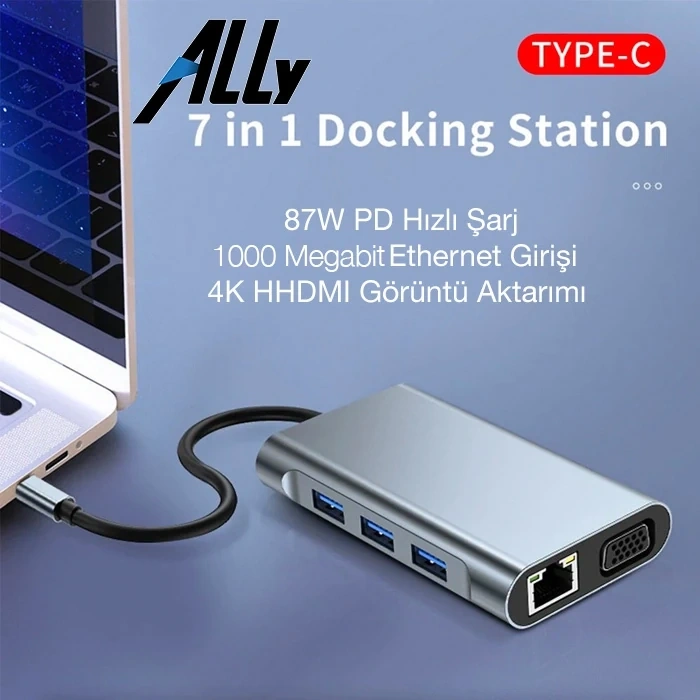 VipMarketim ALLY 7in1 USB 3.0 + HDMI + RJ45 + Type-C HUB Adaptör Çevirici Dock Station-(5775)
