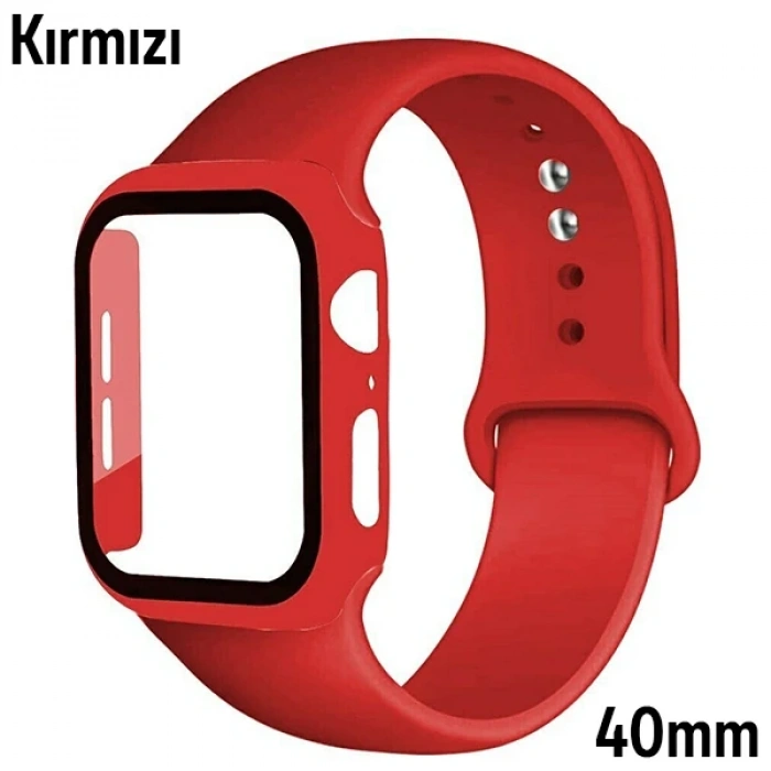 VipMarketim ALLY Apple Watch 4-5-6 40mm Silikon Kordon Kayış ve Ekran Koruyucu Kılıf-(5775)