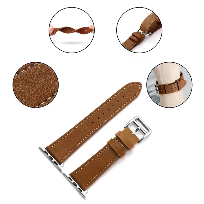 VipMarketim Ally Apple Watch 7-8 45mm 6-5-4 44mm Watch Ultra 49mm Single Coil Deri Kayış Kordon 3-2-1 42mm-(5775)