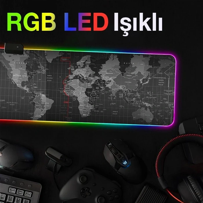 VipMarketim ALLY Dünya Desenli RGB Led Işıklı Oyuncu Mouse Pad 300*800*4MM-(5775)