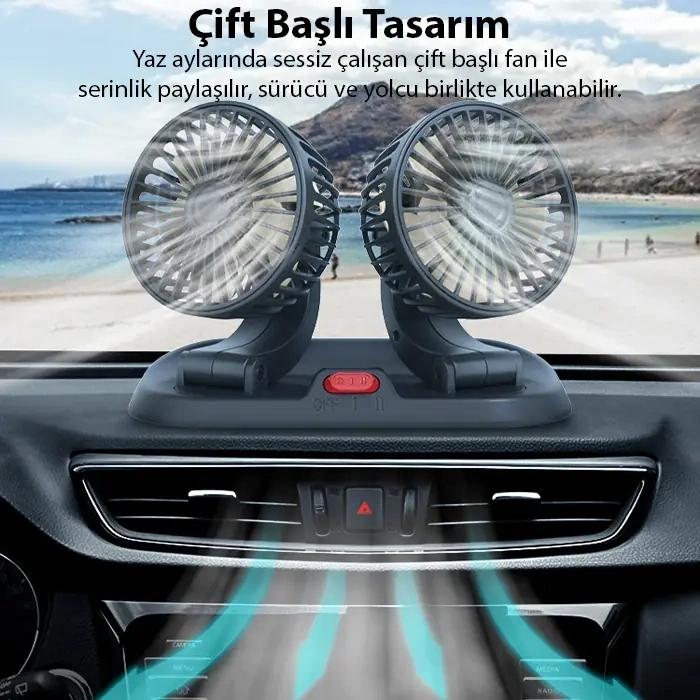 VipMarketim ALLY F410 USB Çift Başlıklı Araç Fanı Oto Fan Vantilatör-(5775)